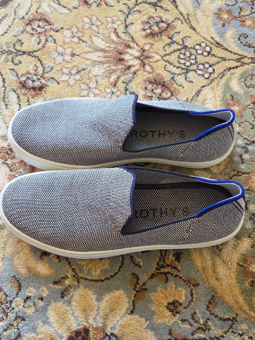 Rothy's Gray Knit Slip-On Loafers with Blue Trim
